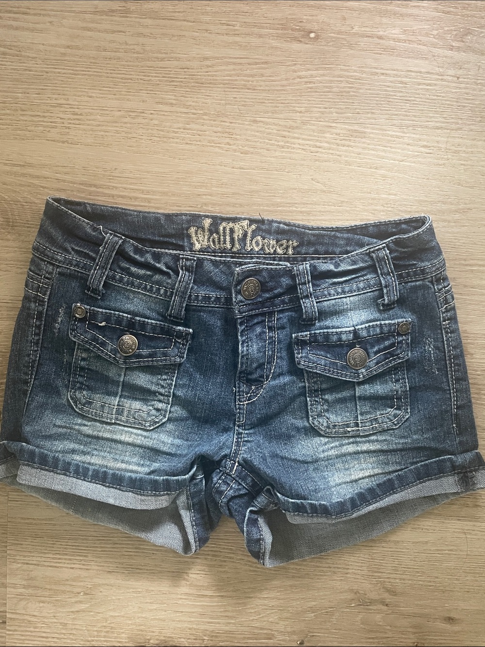 Wallflower Distressed Dark Blue Denim Cuffed Shorts
